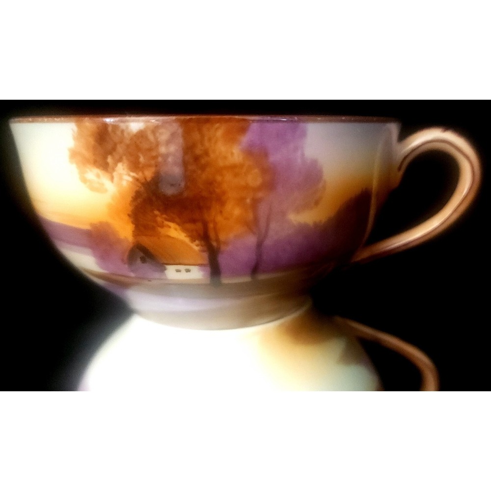 Vtg Noritake Morimura Nippon Handpainted‎ Tree Meadow Gold Rim Tea Cup Set Of 2